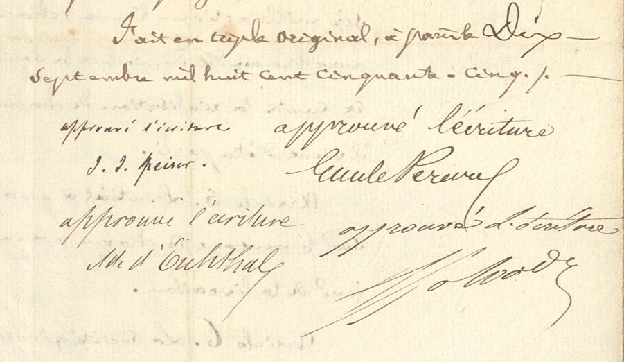 Die Unterschriften auf dem Vertrag zwischen der Centralbahn (J.J. Speiser) und den Brüdern Péreire (gezeichnet namens beider Brüder von Émile Péreire) sowie dem Crédit Mobilier ([Baron] Adolphe d’Eichthal und Casimir Salvador) - Bild: SBB Historic